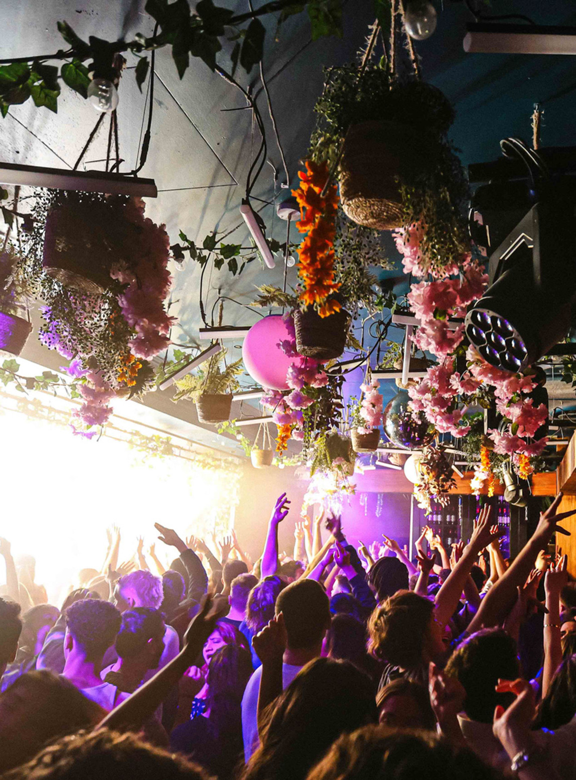 Hanging florals and disco interior at a Kinetix venue